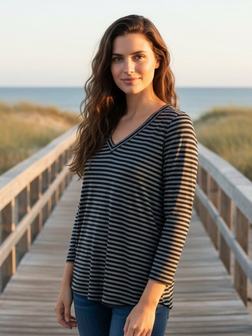 Loft M Women's Tee Top Black White Striped Tie Back‎ V Neck Casual Normcore Chic